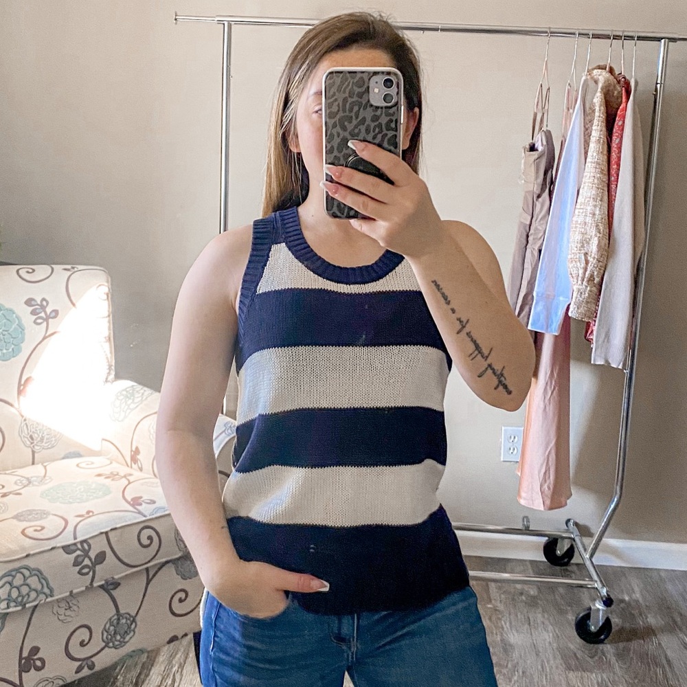 Lamade Sleeveless Crew Neck Knit Cotton Stripe Vest Blue XS